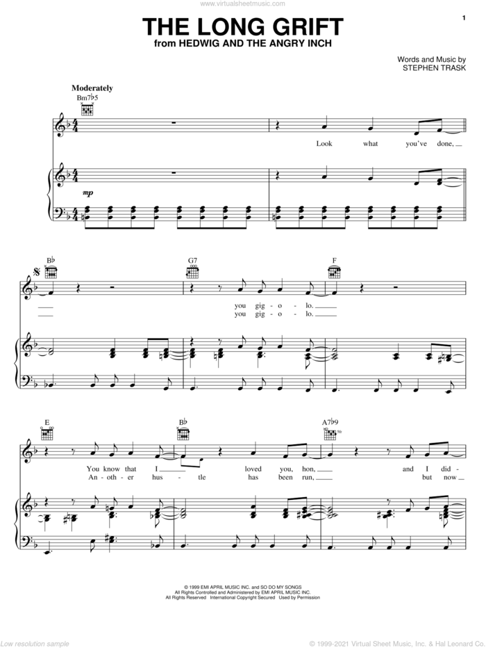 The Long Grift sheet music for voice, piano or guitar by Stephen Trask, intermediate skill level