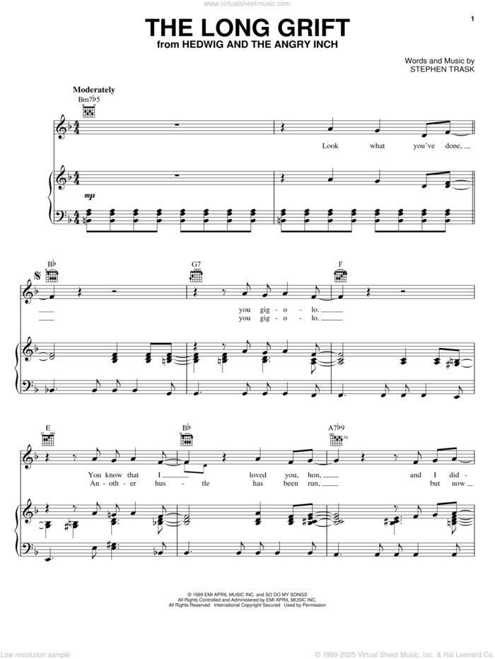 The Long Grift sheet music for voice, piano or guitar by Stephen Trask, intermediate skill level