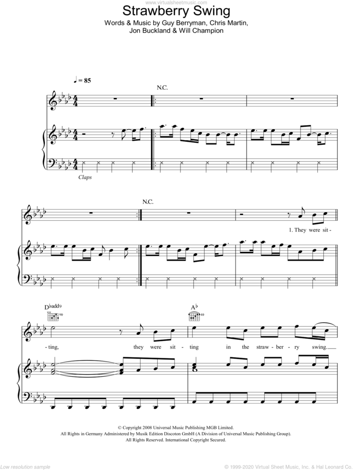 Strawberry Swing sheet music for voice, piano or guitar by Coldplay, Chris Martin, Guy Berryman, Jon Buckland and Will Champion, intermediate skill level