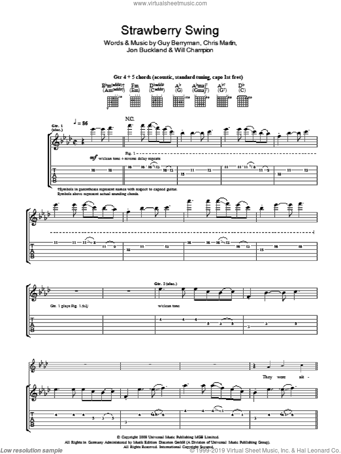 Strawberry Swing sheet music for guitar (tablature) by Coldplay, Chris Martin, Guy Berryman, Jon Buckland and Will Champion, intermediate skill level