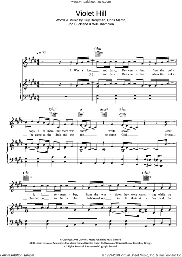 Violet Hill sheet music for voice, piano or guitar by Coldplay, Chris Martin, Guy Berryman, Jon Buckland, Will Champion and Jonny Buckland, intermediate skill level
