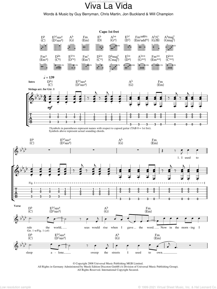 Viva La Vida sheet music for guitar (tablature) by Coldplay, Chris Martin, Guy Berryman, Jon Buckland and Will Champion, intermediate skill level