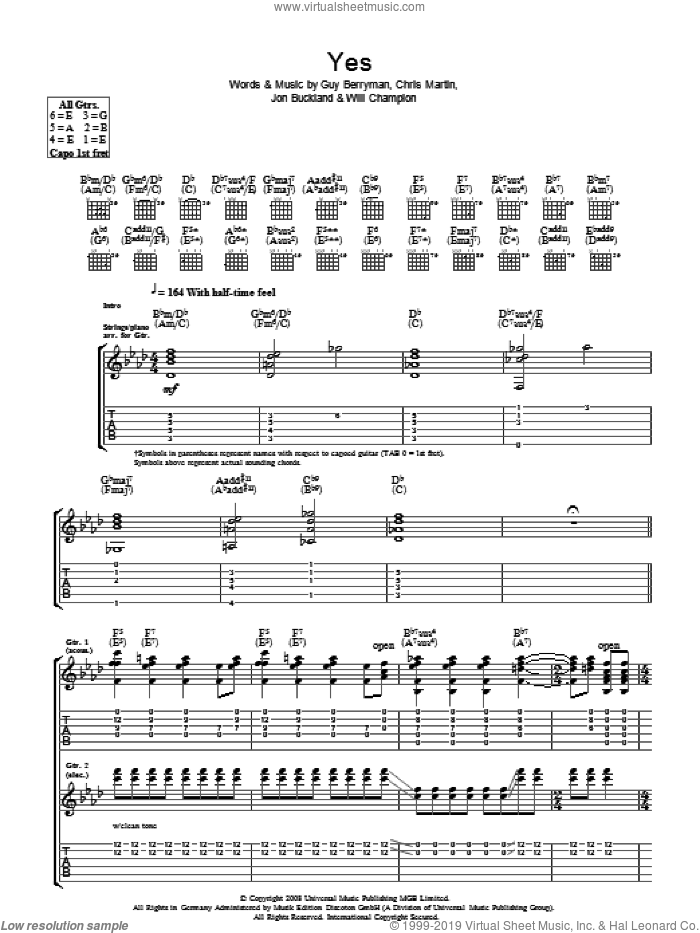 Yes sheet music for guitar (tablature) by Coldplay, Chris Martin, Guy Berryman, Jon Buckland and Will Champion, intermediate skill level