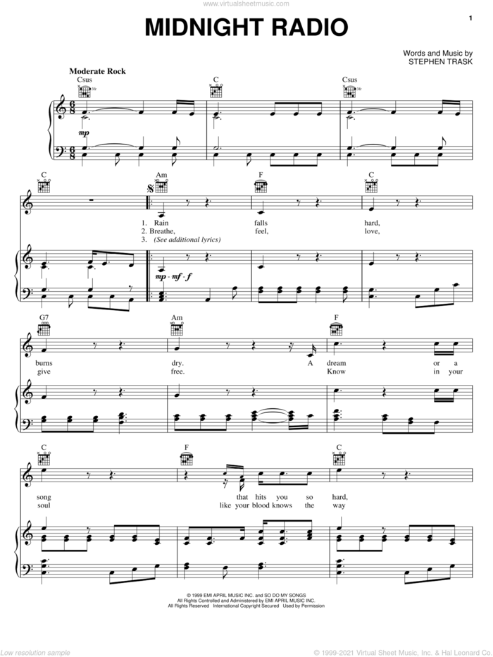 Midnight Radio sheet music for voice, piano or guitar by Stephen Trask, intermediate skill level