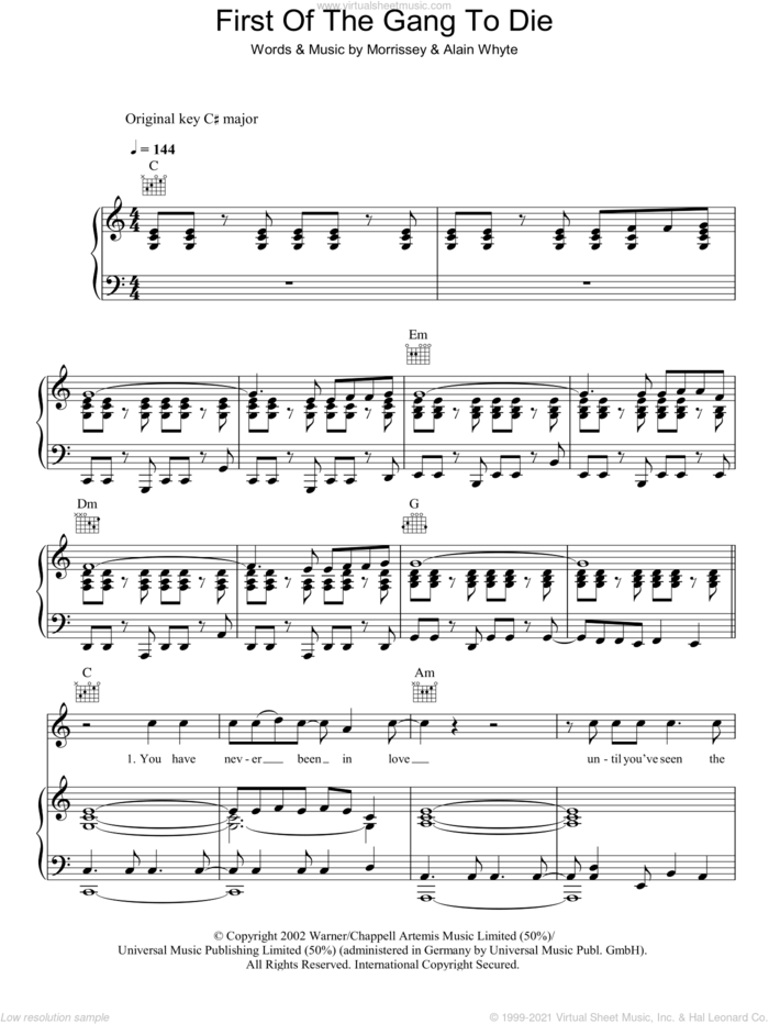 First Of The Gang To Die sheet music for voice, piano or guitar by Steven Morrissey and Alain Whyte, intermediate skill level