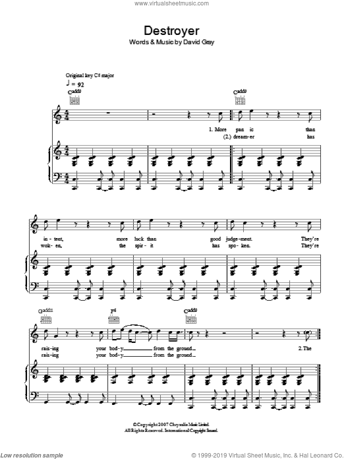 Destroyer sheet music for voice, piano or guitar by David Gray, intermediate skill level
