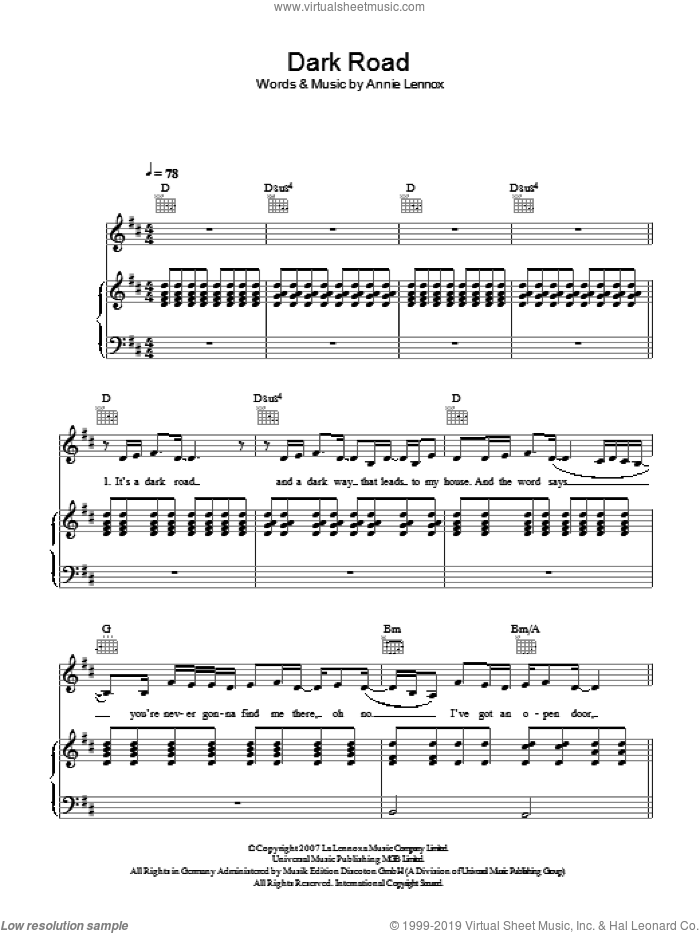 Dark Road sheet music for voice, piano or guitar by Annie Lennox, intermediate skill level