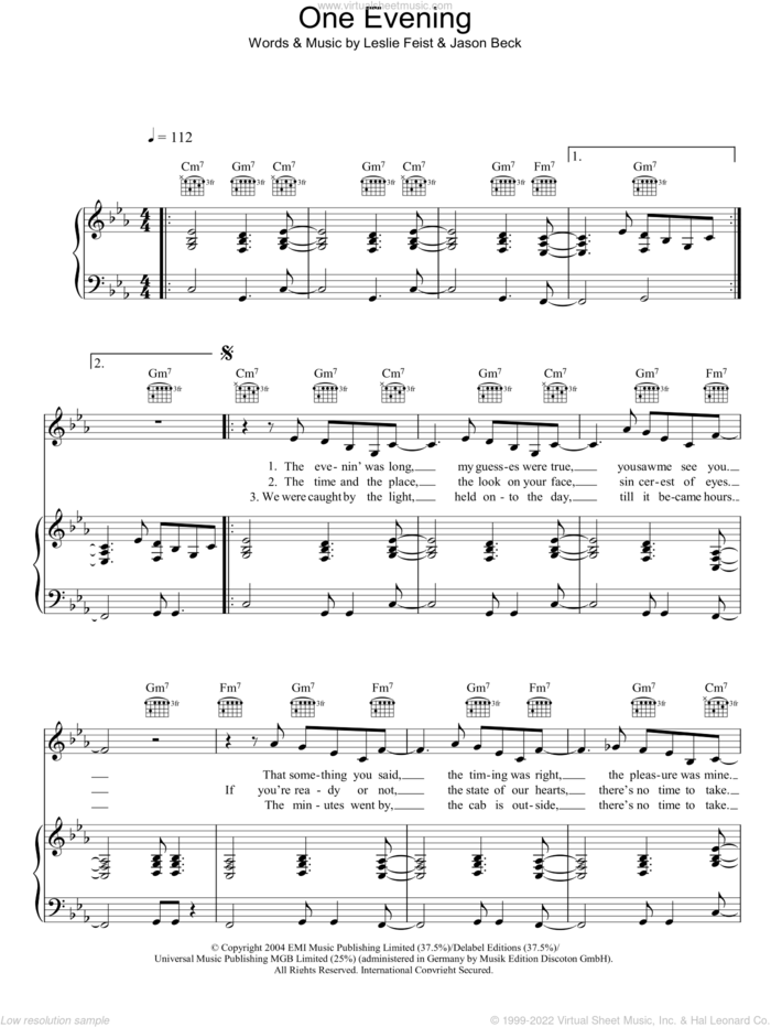 One Evening sheet music for voice, piano or guitar by Leslie Feist and Jason Beck, intermediate skill level