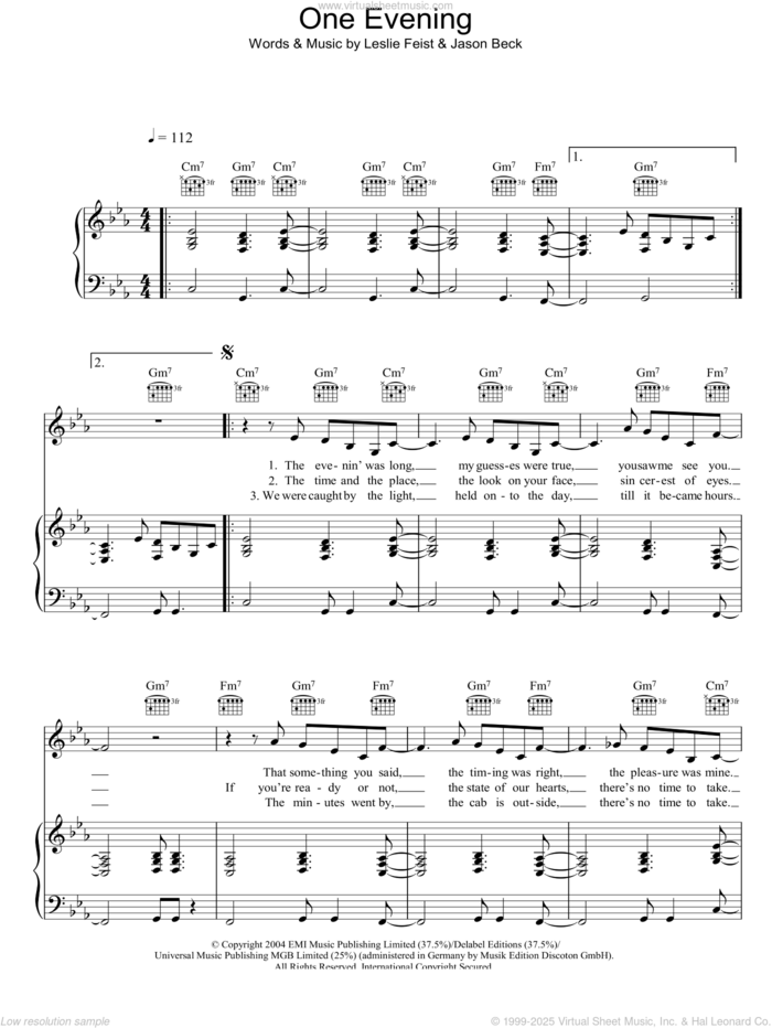 One Evening sheet music for voice, piano or guitar by Leslie Feist and Jason Beck, intermediate skill level