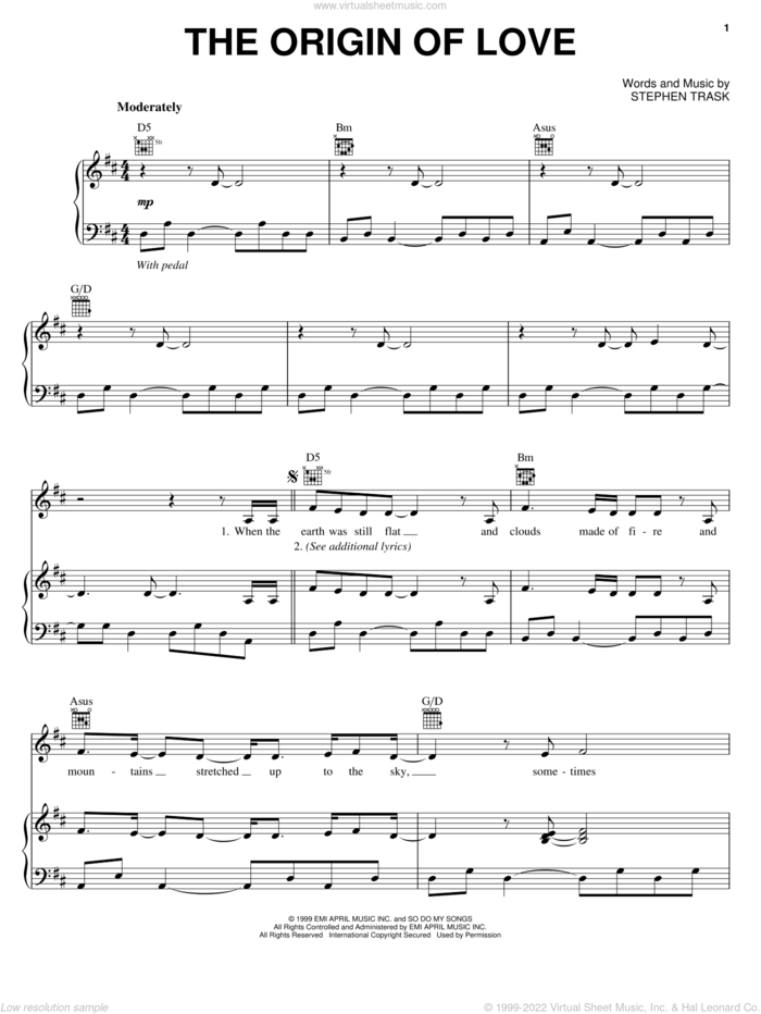 The Origin Of Love sheet music for voice, piano or guitar by Stephen Trask, intermediate skill level