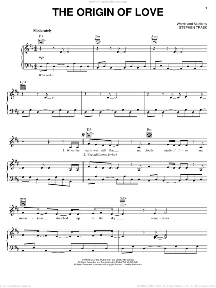 The Origin Of Love sheet music for voice, piano or guitar by Stephen Trask, intermediate skill level