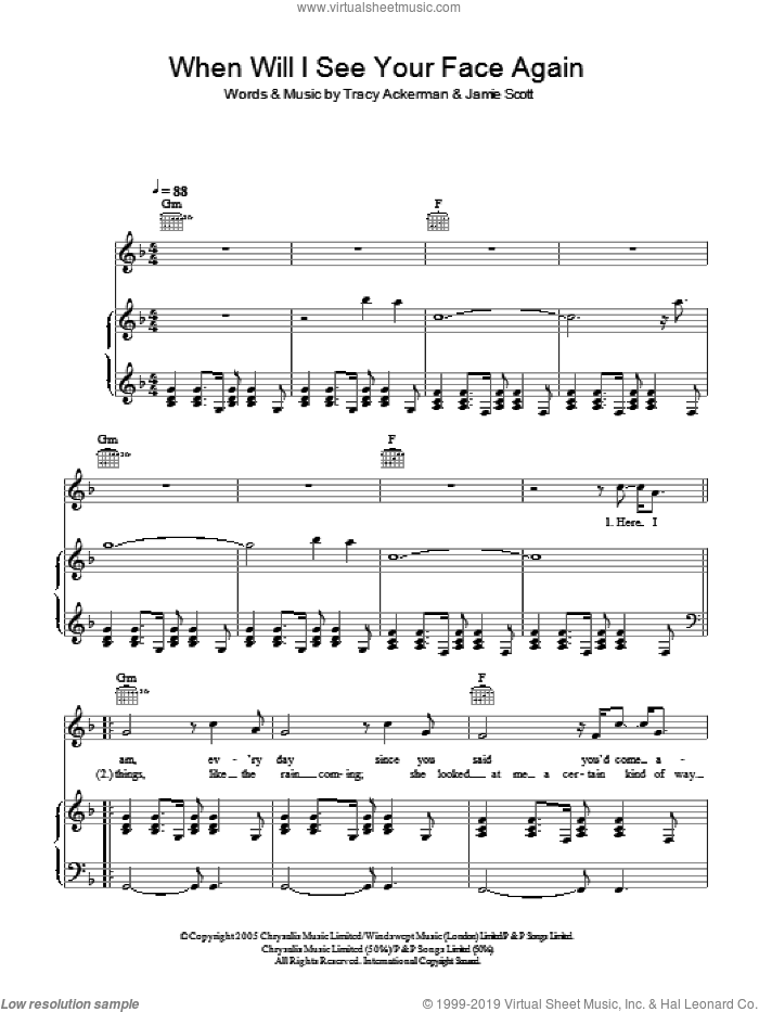 When Will I See Your Face Again sheet music for voice, piano or guitar by Jamie Scott and Tracy Ackerman, intermediate skill level
