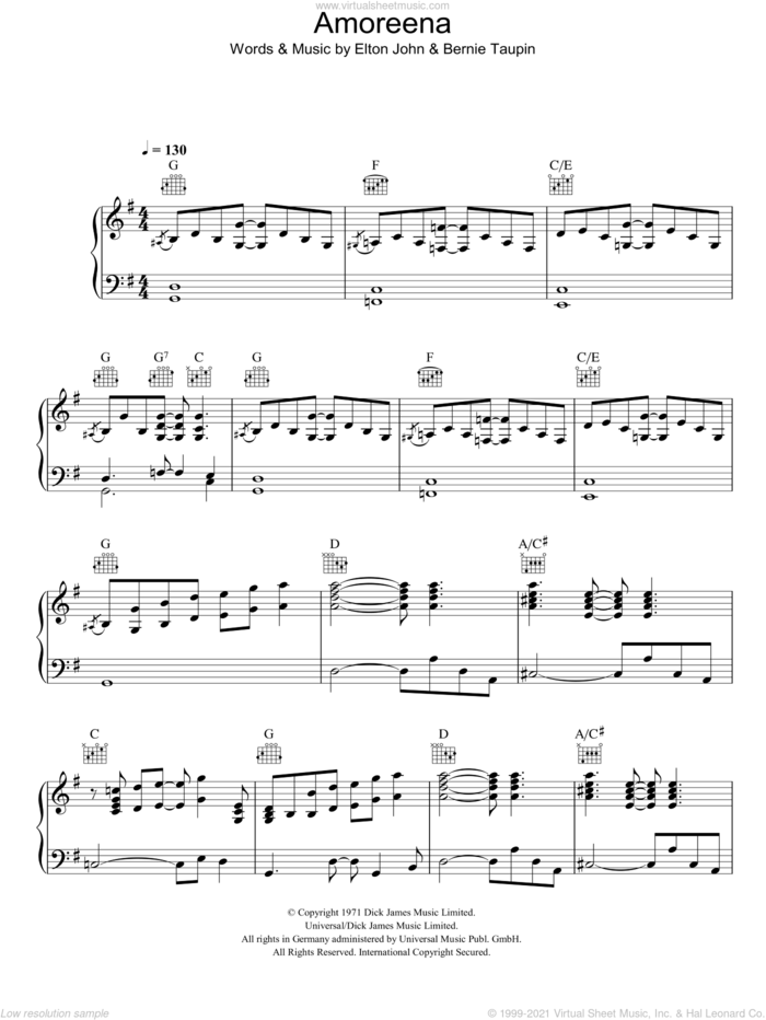 Amoreena sheet music for voice, piano or guitar by Elton John and Bernie Taupin, intermediate skill level