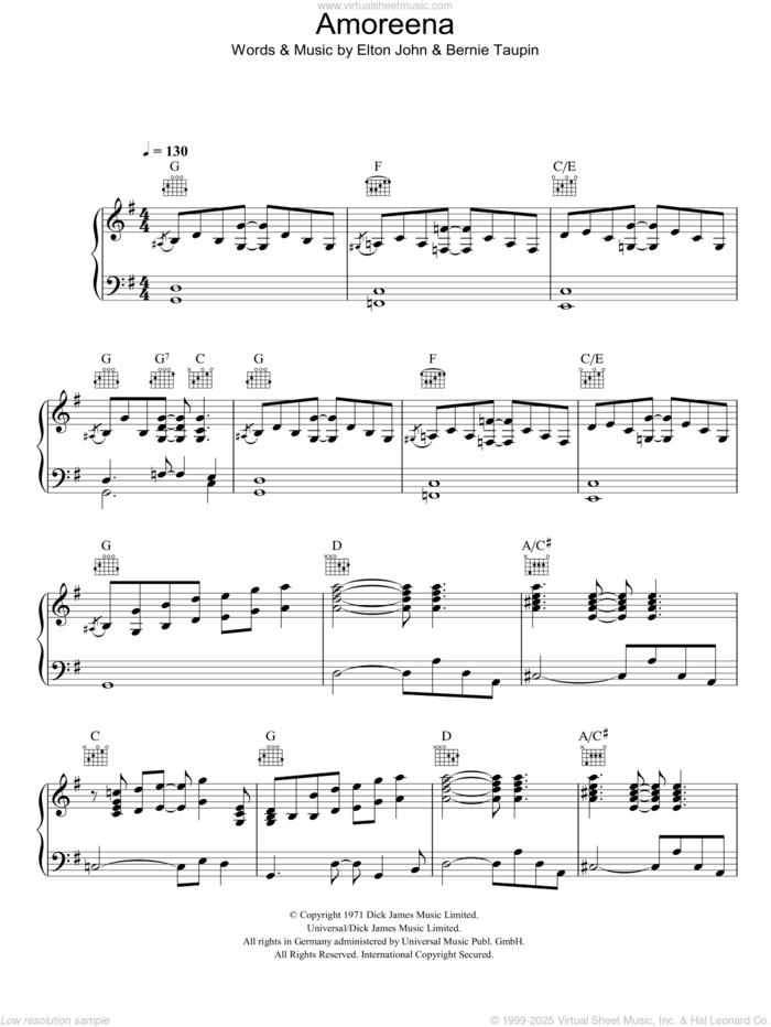 Amoreena sheet music for voice, piano or guitar by Elton John and Bernie Taupin, intermediate skill level