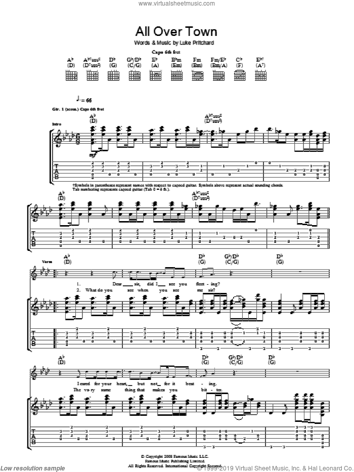 All Over Town sheet music for guitar (tablature) by The Kooks and Luke Pritchard, intermediate skill level
