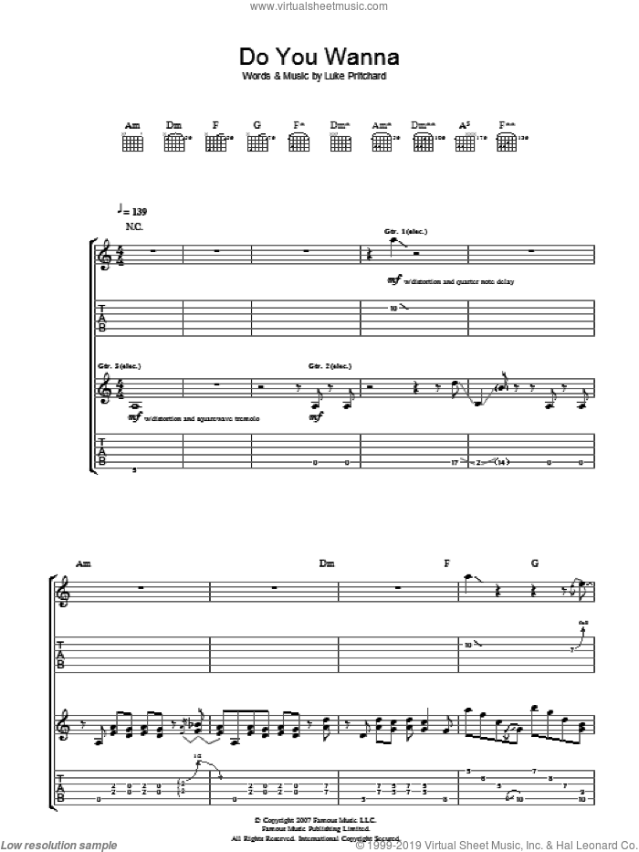 Do You Wanna sheet music for guitar (tablature) by The Kooks and Luke Pritchard, intermediate skill level