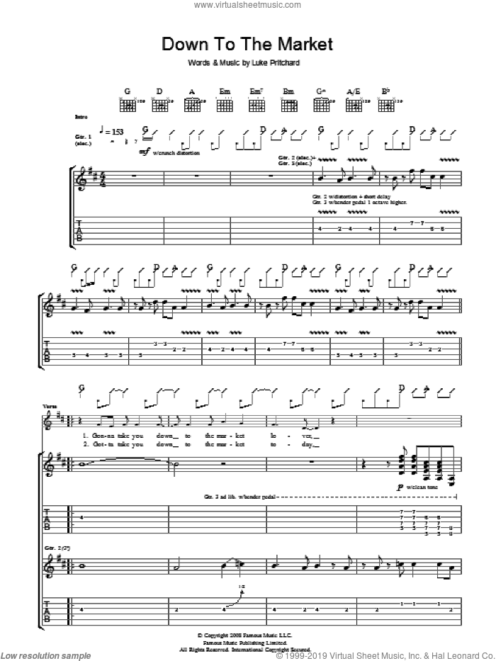 Down To The Market sheet music for guitar (tablature) by The Kooks and Luke Pritchard, intermediate skill level