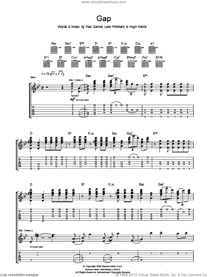 Gap sheet music for guitar (tablature) by The Kooks, Hugh Harris, Luke Pritchard and Paul Garred, intermediate skill level
