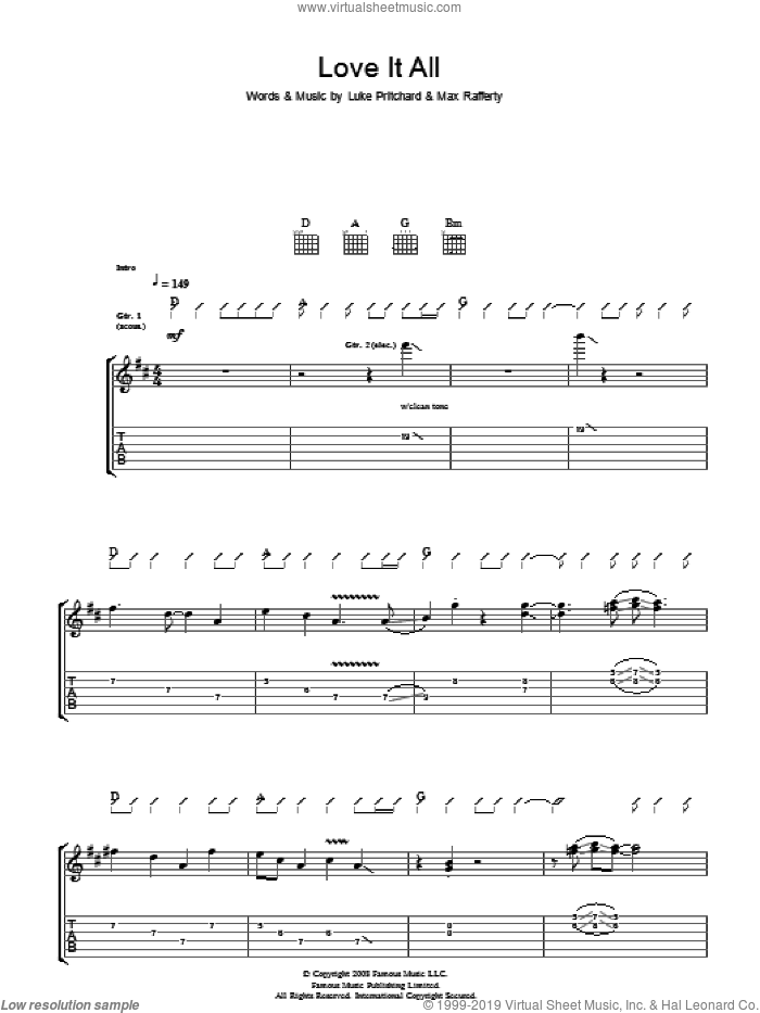 Love It All sheet music for guitar (tablature) by The Kooks, Luke Pritchard and Max Rafferty, intermediate skill level