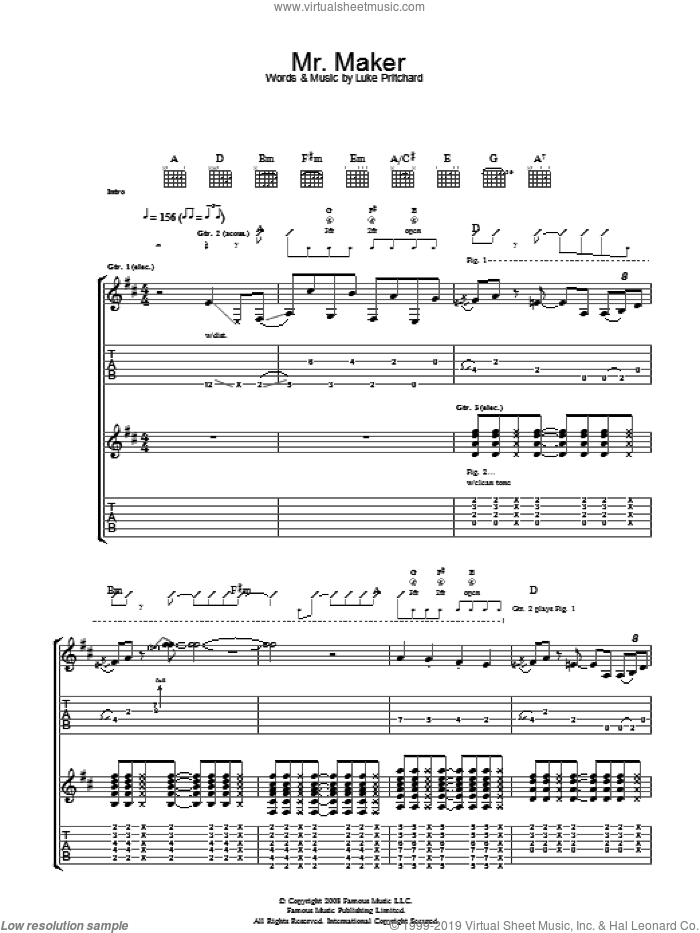 Mr Maker sheet music for guitar (tablature) by The Kooks and Luke Pritchard, intermediate skill level