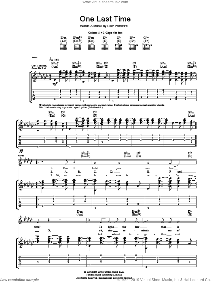 One Last Time sheet music for guitar (tablature) by The Kooks and Luke Pritchard, intermediate skill level