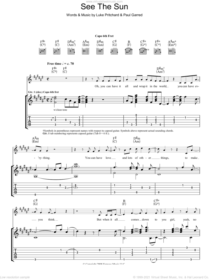 See The Sun sheet music for guitar (tablature) by The Kooks, Luke Pritchard and Paul Garred, intermediate skill level