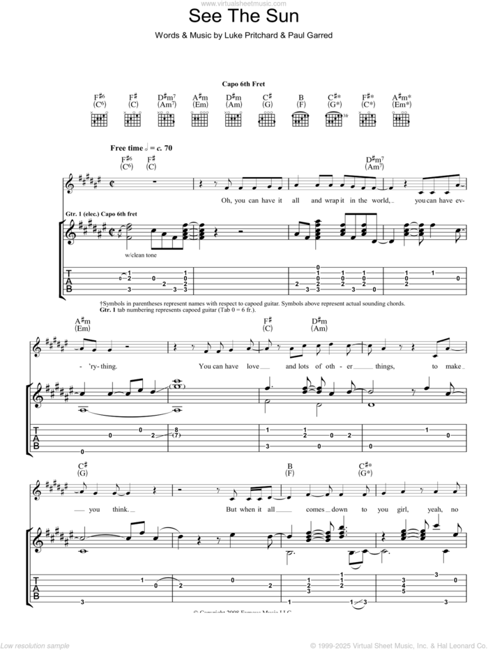 See The Sun sheet music for guitar (tablature) by The Kooks, Luke Pritchard and Paul Garred, intermediate skill level