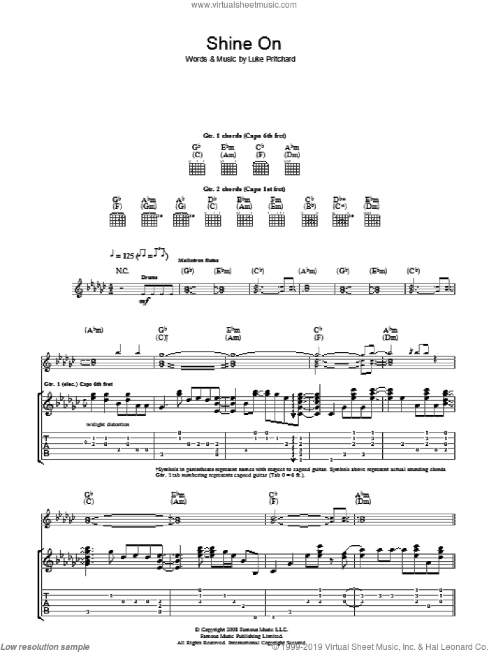 Shine On sheet music for guitar (tablature) by The Kooks and Luke Pritchard, intermediate skill level