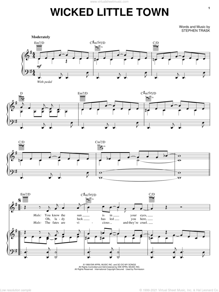Wicked Little Town sheet music for voice, piano or guitar by Stephen Trask, intermediate skill level
