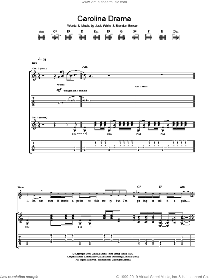 Carolina Drama sheet music for guitar (tablature) by The Raconteurs, Brendan Benson and Jack White, intermediate skill level