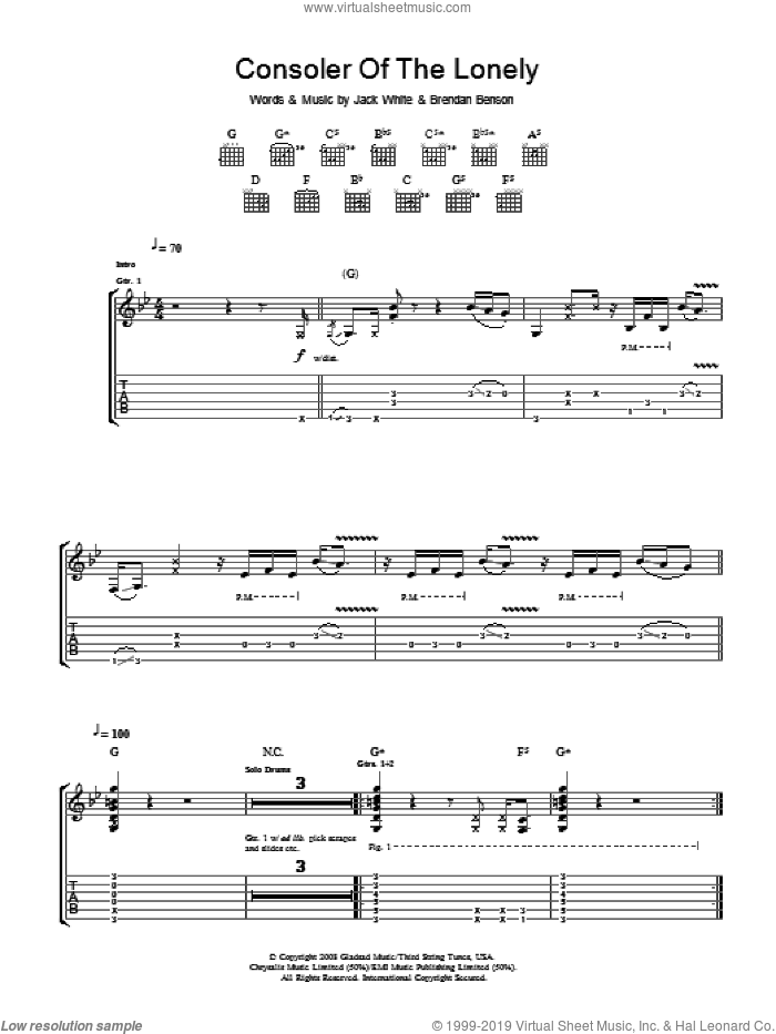 Consoler Of The Lonely sheet music for guitar (tablature) by The Raconteurs, Brendan Benson and Jack White, intermediate skill level
