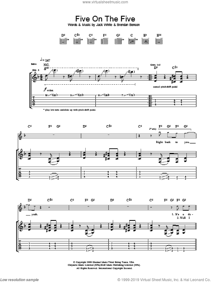 Five On The Five sheet music for guitar (tablature) by The Raconteurs, Brendan Benson and Jack White, intermediate skill level