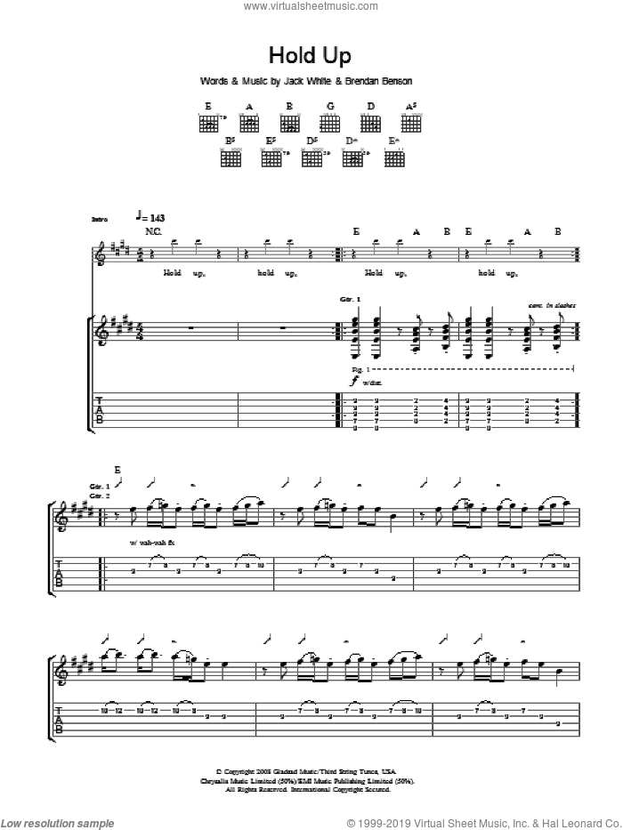 Hold Up sheet music for guitar (tablature) by The Raconteurs, Brendan Benson and Jack White, intermediate skill level