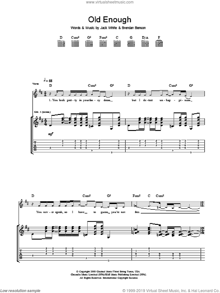 Old Enough sheet music for guitar (tablature) by The Raconteurs, Brendan Benson and Jack White, intermediate skill level