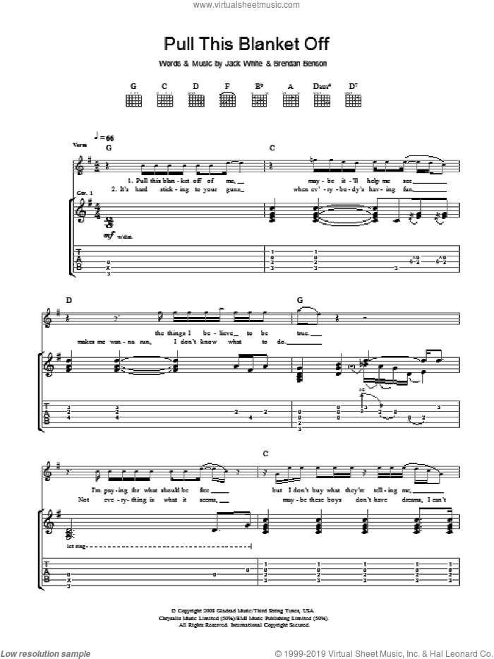 Pull This Blanket Off sheet music for guitar (tablature) by The Raconteurs, Brendan Benson and Jack White, intermediate skill level