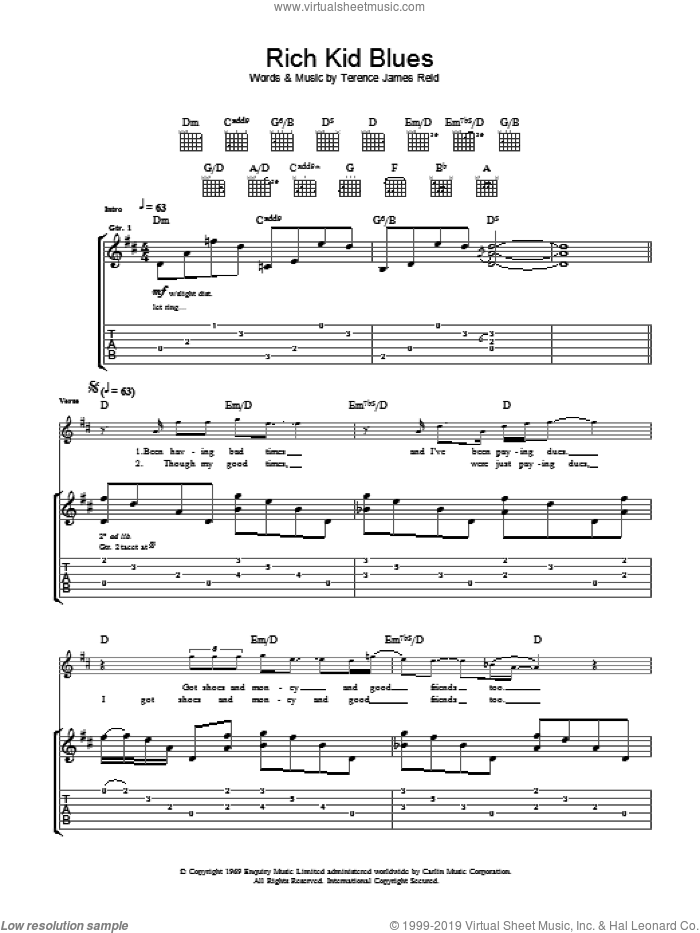 Rich Kid Blues sheet music for guitar (tablature) by The Raconteurs and Terence James Reid, intermediate skill level