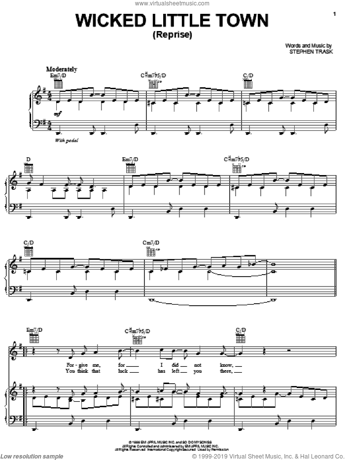 Wicked Little Town (Reprise) sheet music for voice, piano or guitar by Stephen Trask, intermediate skill level