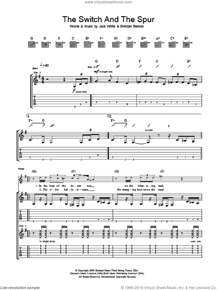 The Switch And The Spur sheet music for guitar (tablature) by The Raconteurs, Brendan Benson and Jack White, intermediate skill level