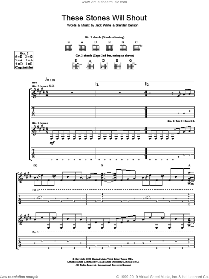 These Stones Will Shout sheet music for guitar (tablature) by The Raconteurs, Brendan Benson and Jack White, intermediate skill level