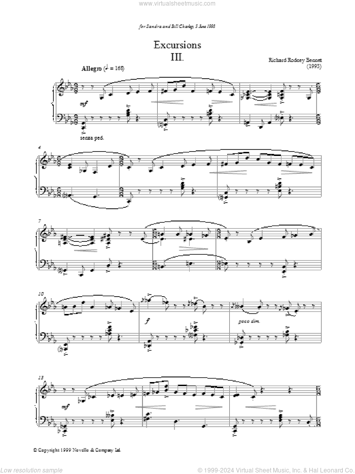 Excursions III sheet music for piano solo by Richard Bennett, classical score, intermediate skill level
