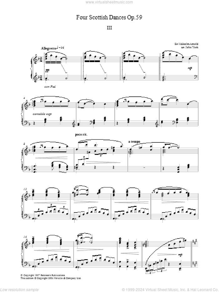 Four Scottish Dances Op.59, No.3, Allegretto sheet music for piano solo by Malcolm Arnold and John York, classical score, intermediate skill level