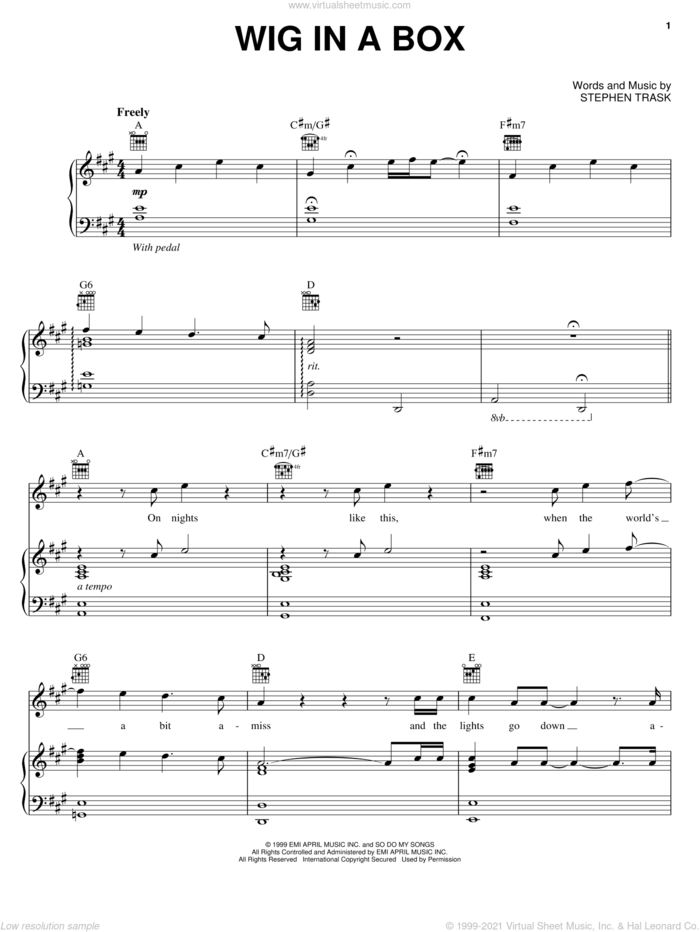 Wig In A Box sheet music for voice, piano or guitar by Stephen Trask, intermediate skill level