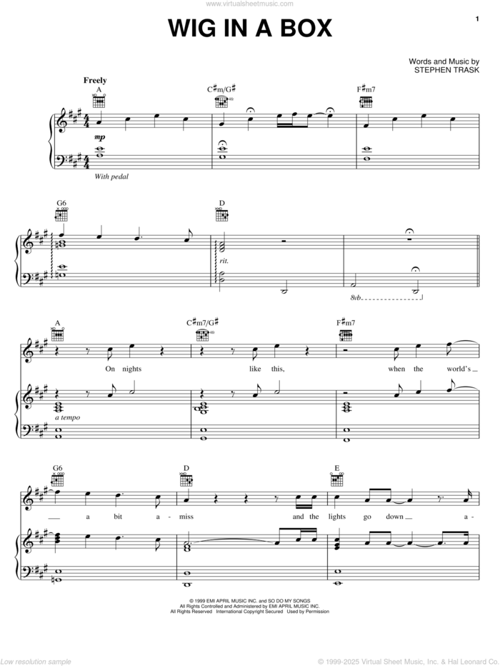 Wig In A Box sheet music for voice, piano or guitar by Stephen Trask, intermediate skill level