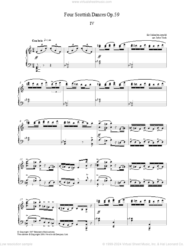 Four Scottish Dances Op.59, No.4, Con Brio sheet music for piano solo by Malcolm Arnold and John York, classical score, intermediate skill level