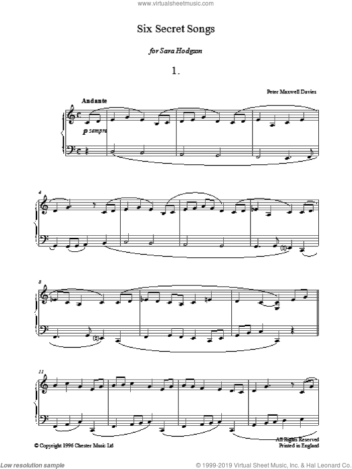 Six Secret Songs, No.1, Andante sheet music for piano solo by Peter Maxwell Davies, classical score, intermediate skill level