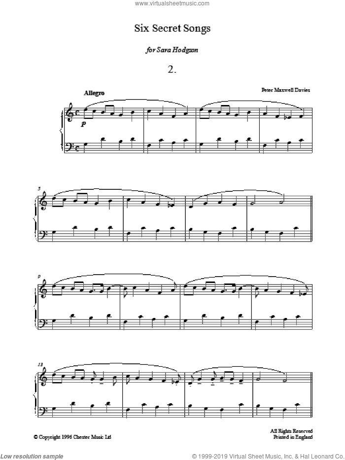 Six Secret Songs, No.2, Allegro sheet music for piano solo by Peter Maxwell Davies, classical score, intermediate skill level