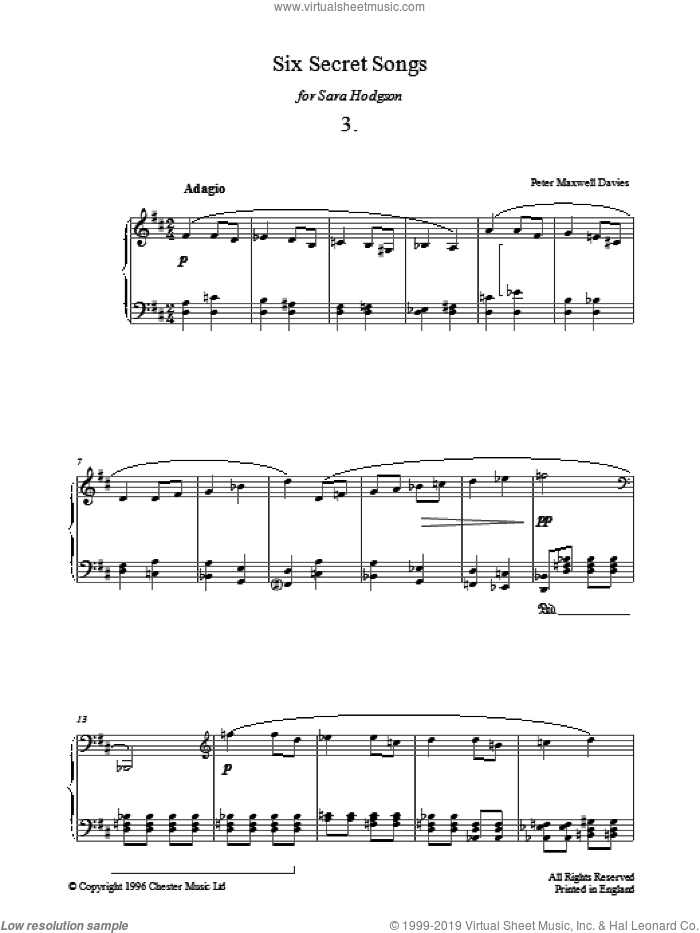 Six Secret Songs, No.3, Adagio sheet music for piano solo by Peter Maxwell Davies, classical score, intermediate skill level