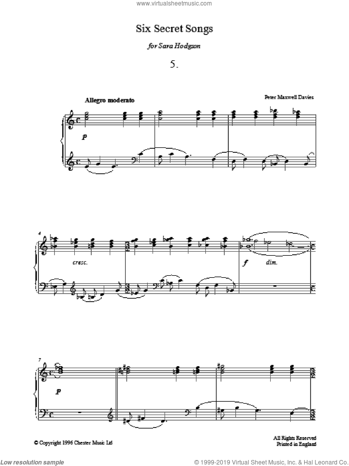 Six Secret Songs, No.5, Allegro Moderato sheet music for piano solo by Peter Maxwell Davies, classical score, intermediate skill level