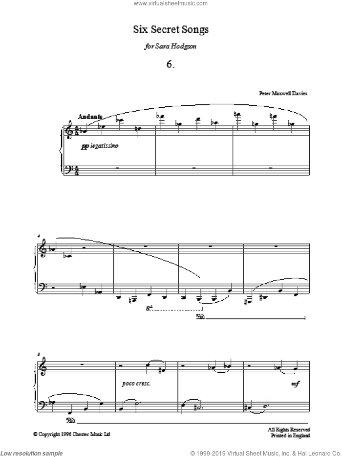 Six Secret Songs, No.6, Andante sheet music for piano solo by Peter Maxwell Davies, classical score, intermediate skill level