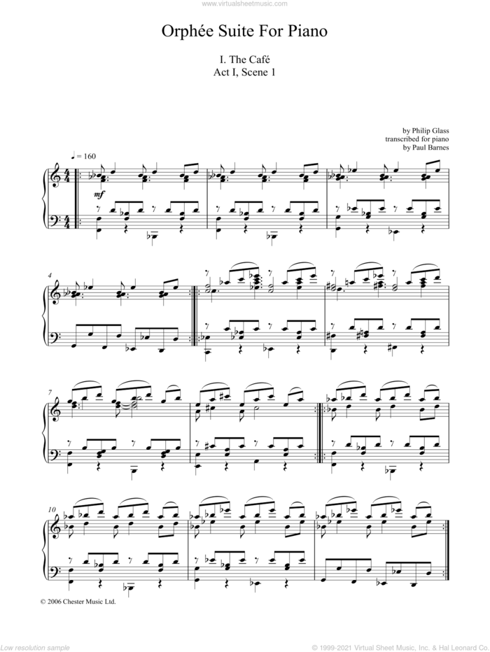 Orphee Suite For Piano, I. The Cafe, Act I, Scene 1 sheet music for piano solo by Philip Glass, classical score, intermediate skill level